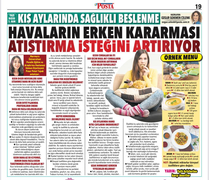Hastanemiz Uzm. Diyetisyeni Pınar Polat Topak'ın ''Kış Aylarında Sağlıklı Beslenme''